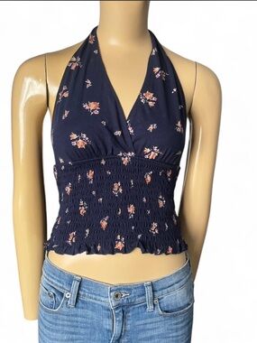 American Eagle Outfitters Navy Halter Floral Crop Top